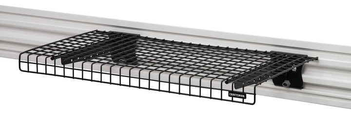Craftsman CMST82618VT black wire wall shelf, side angle, mounted on white rail.