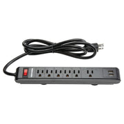 Craftsman black power strip with six outlets, two USB ports, red switch, SKU CMST82693, front angle.