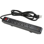 Photo of Craftsman CMST82693 black power strip with six outlets, USB ports, and red switch, angled on white background.