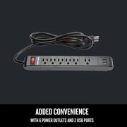 Craftsman power strip CMST82693 with 6 outlets, 2 USB ports, black, top angle photo.