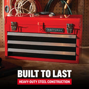 Photo of Craftsman red steel tool chest with three drawers, SKU CMST98245RB, on a workshop bench.