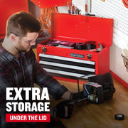 Photo of CRAFTSMAN red tool chest with top lid open showing storage, CMST98245RB model, in workshop setting.