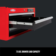 Photo of Craftsman red tool chest CMST98246RB with open metal drawer, label shows 75 lbs. load capacity.