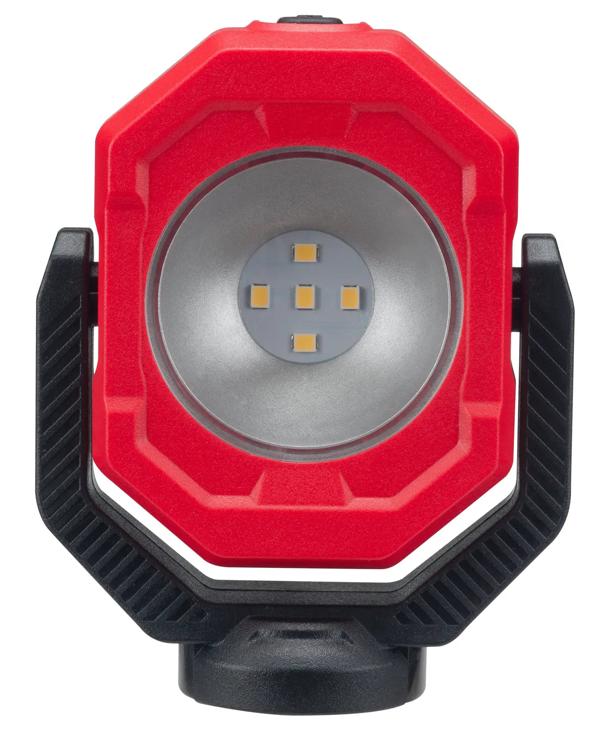 Front view photo of CRAFTSMAN LED work light, red housing, black stand, SKU CMST98254.