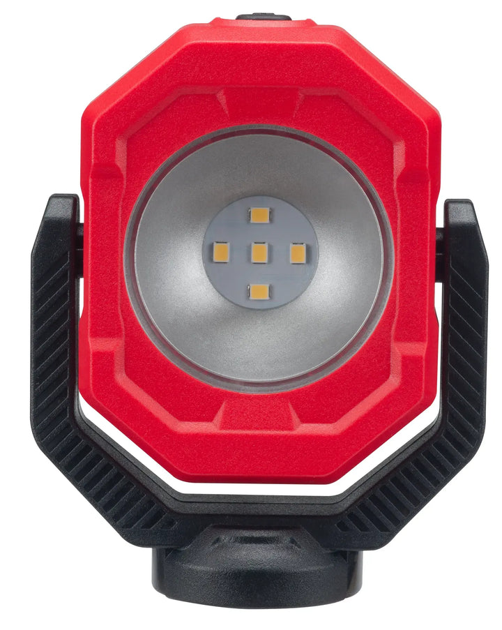 Front view photo of CRAFTSMAN LED work light, red housing, black stand, SKU CMST98254.