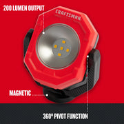 Craftsman LED work light CMST98254, red, 200 lumen output, magnetic, 360° pivot, front angle photo.
