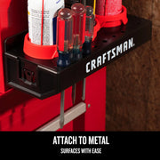 Craftsman magnetic organizer rack CMST98255 for cans and tools, side angle on red metal cabinet.