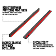 Photo of Craftsman drawer divider CMST98256, black with red stripe, rubber-coated, angled on white background.