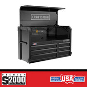 Craftsman CMST98259BK black tool chest with open lid and drawers, front angle, S2000 Series graphics