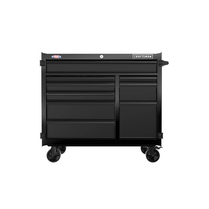 Front angle photo of Craftsman tool chest CMST98260BK, black metal with multiple drawers and wheels.