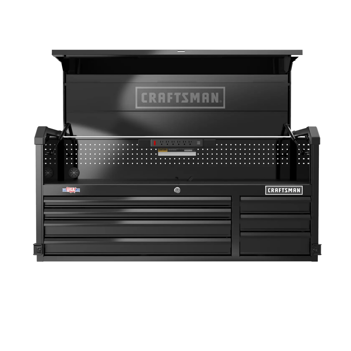 Front angle photo of Craftsman CMST98261BK black tool chest with open top lid, multiple drawers, and power strip.