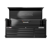 Front angle photo of Craftsman CMST98261BK black tool chest with open top lid, multiple drawers, and power strip.