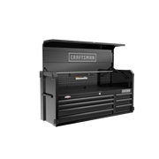 Photo of Craftsman CMST98261BK black tool chest with open lid, multiple drawers, side handles and pegboard, angled view.