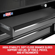 CRAFTSMAN tool chest CMST98261BK drawer detail, black textured surface, USA-made label, front angle.