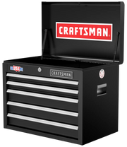Front angle photo of CRAFTSMAN black tool chest CMST98263BK with four drawers and open lid.