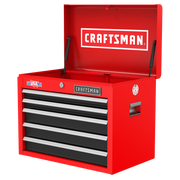 Photo of Craftsman tool chest CMST98263RB in red with four black drawers, open lid, angled on white background.