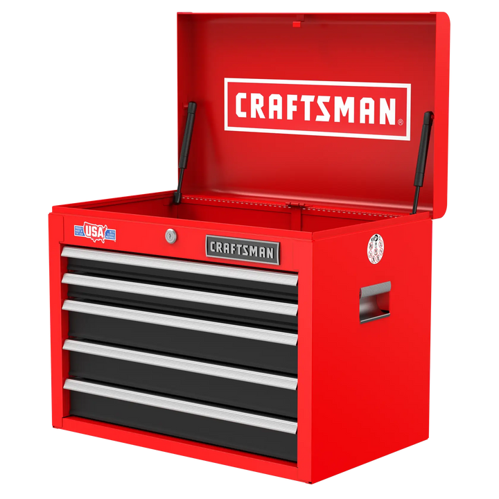 Photo of Craftsman tool chest CMST98263RB in red with four black drawers, open lid, angled on white background.