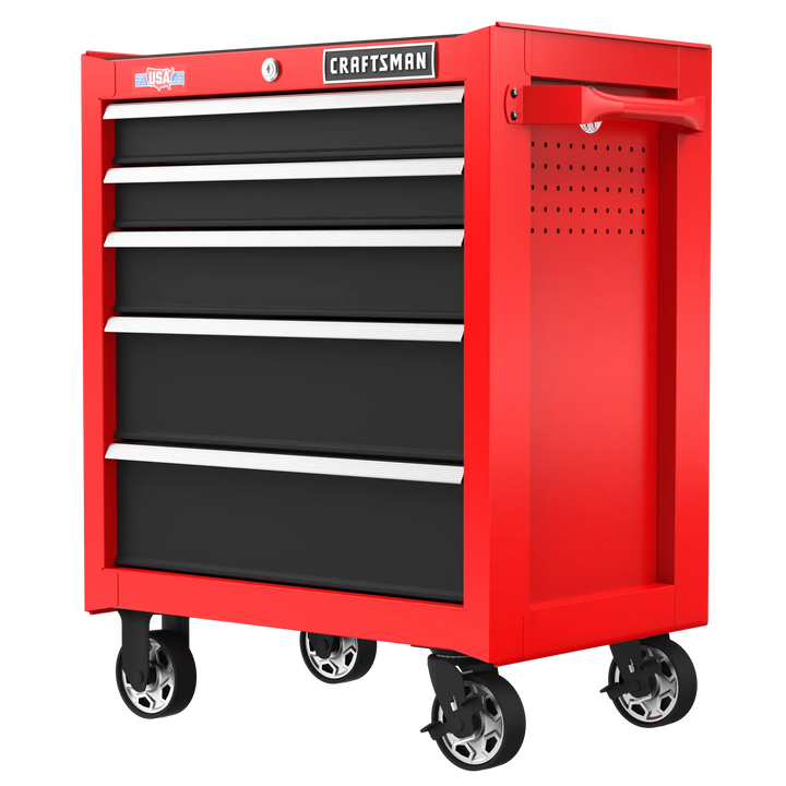 Photo of Craftsman red rolling tool chest with five black drawers, SKU CMST98264RB, front angle on white background.