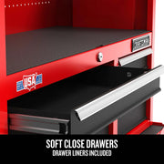 Photo of Craftsman red tool chest CMST98264RB with soft close black drawers and USA sticker, front angle.