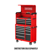 Photo of Craftsman red tool chest with black drawers, rolling wheels, Graphics CMST98269RB, front angle.