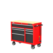 Photo of Craftsman rolling tool chest CMST98271RB, red and black with wood top, angled on white background.