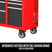 Craftsman red tool chest CMST98271RB with upgraded casters and toe locking brake, side angle photo.