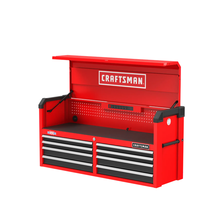 Photo of Craftsman red tool chest CMST98272RB with open lid, six drawers, and pegboard, angled on white background.