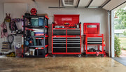 A garage interior featuring two red CRAFTSMAN tool storage cabinets with multiple drawers, positioned on wheels. Next to them is a black and red shelving unit holding various storage bins, sports equipment, and supplies. The garage door is open, revealing some greenery outside.