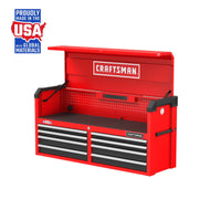 Craftsman red tool chest CMST98272RB with open top, eight drawers, USA graphic, front angle on white.