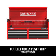 Craftsman red tool chest CMST98272RB front view with centered power strip and multiple drawers.