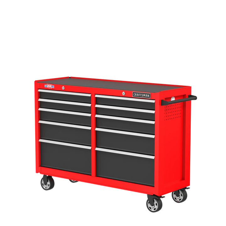 Photo of CRAFTSMAN CMST98273RB red rolling tool chest with eight black drawers, side handle, and casters, front angle.