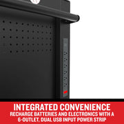 Photo of CRAFTSMAN power strip with six outlets and dual USB ports mounted on black cabinet, CMST98274BK, side angle.