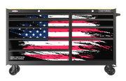 Front angle photo of Craftsman CMST98275P tool chest with USA flag graphic on drawer fronts, black frame, and caster wheels.