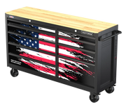 Craftsman tool chest CMST98275P with wood top, black body, and drawers featuring an American flag design, front angle.