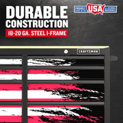 Photo of Craftsman tool chest CMST98275P with American flag paint graphic, steel frame, angled front view.