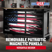 Photo of Craftsman tool chest CMST98275P with removable patriotic magnetic panels featuring stylized American flag design.