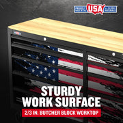 Photo of Craftsman graphics cabinet CMST98275P with butcher block top and USA flag design drawers.