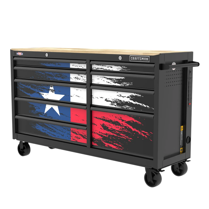 A CRAFTSMAN rolling tool chest with a wooden top surface and black metal body, featuring a Texas flag design painted across
