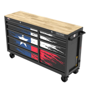 A black CRAFTSMAN rolling tool chest with multiple drawers, a wooden top, and graphic design featuring the Texas flag in a