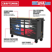 CRAFTSMAN tool chest with Texas flag design, butcher block top, soft-close drawers, liners, and caster wheels.
