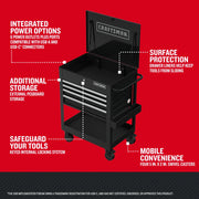 Craftsman rolling tool chest CMST98276BK, black, pegboard, integrated power, keyed lock, side angle.