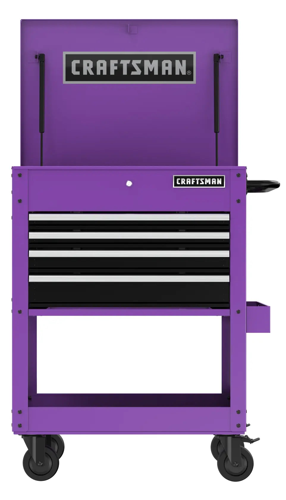 Front angle photo of Craftsman CMST98276PB purple rolling tool chest with three drawers and open top.