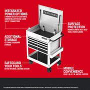 Photo of Craftsman tool cart CMST98276WW with drawers, pegboard, power outlets, locking system, and swivel casters.