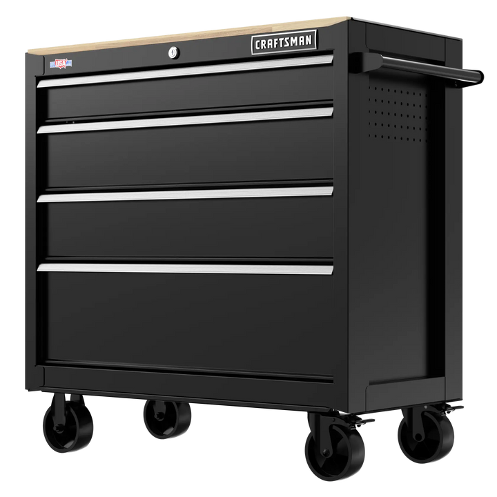 Craftsman black rolling tool chest with wood top, four drawers, CMST98278BK, front angle photo.
