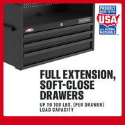 Craftsman CMST98283P graphics showing tool chest drawers with full extension, soft-close feature, black finish.