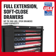 Craftsman graphics tool chest CMST98284P, front angle, drawers with USA flag design, soft-close feature.