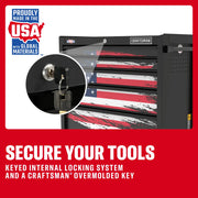 Craftsman graphics chest CMST98284P, American flag drawer design, keyed lock, key close-up, front angle.