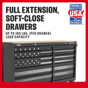 Craftsman CMST98285P tool chest with American flag design, wood top, full extension drawers, front angle.