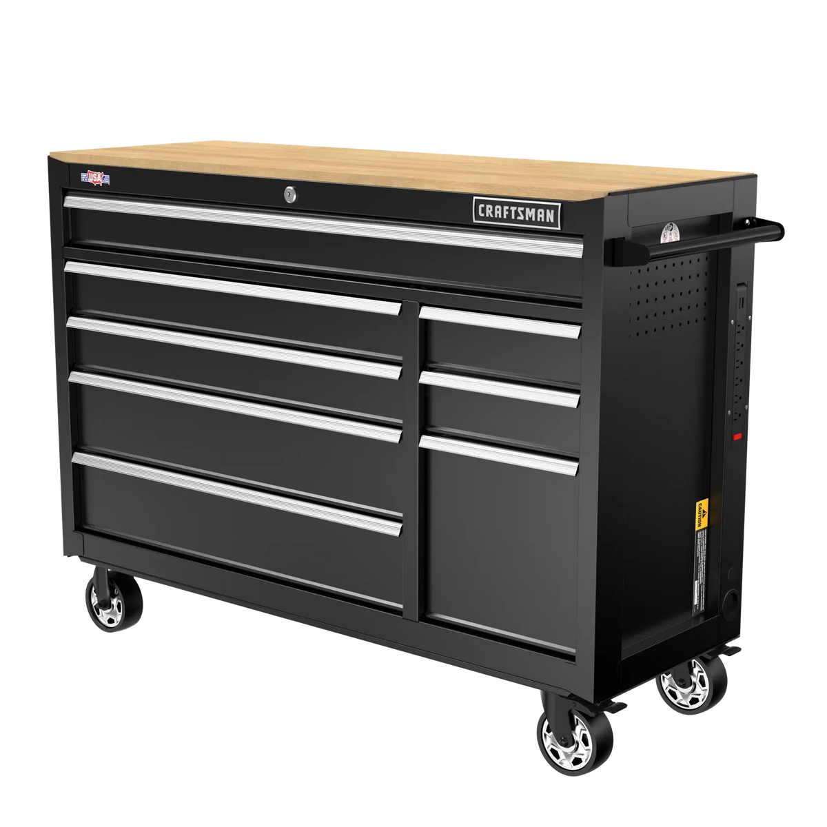 A large black rolling tool chest with multiple drawers and a wood top, designed for organizing and storing tools. The chest has lockable drawers, a side handle, wheels for mobility, and a 'Craftsman' brand label on the front.