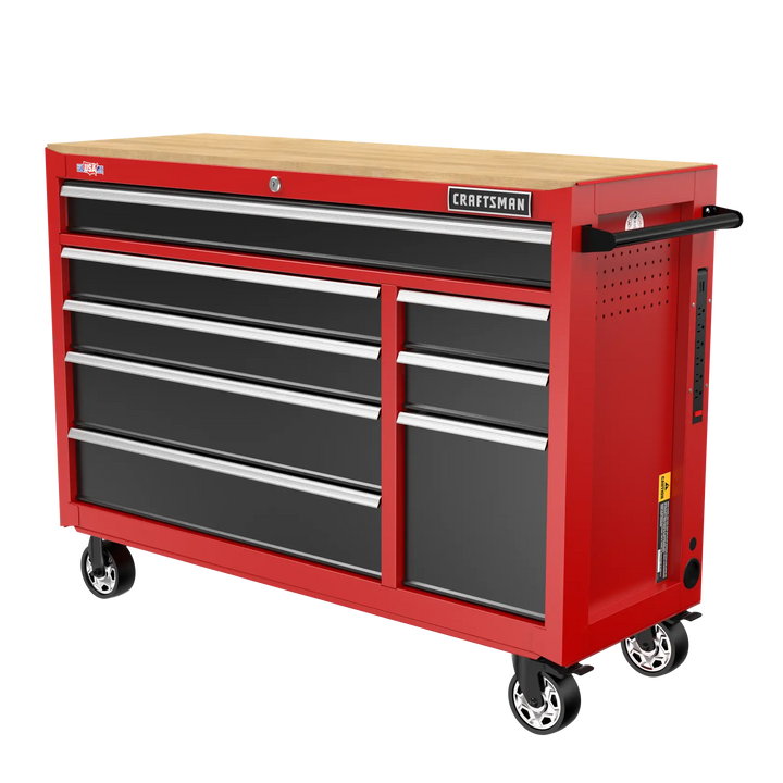 A red Craftsman rolling tool chest with multiple black drawers and a wooden top, equipped with wheels and a side handle.